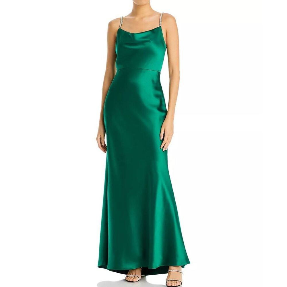 Aqua Formal Cowl Neck Rhinestone Embellished Straps Emerald Satin Gown size 0